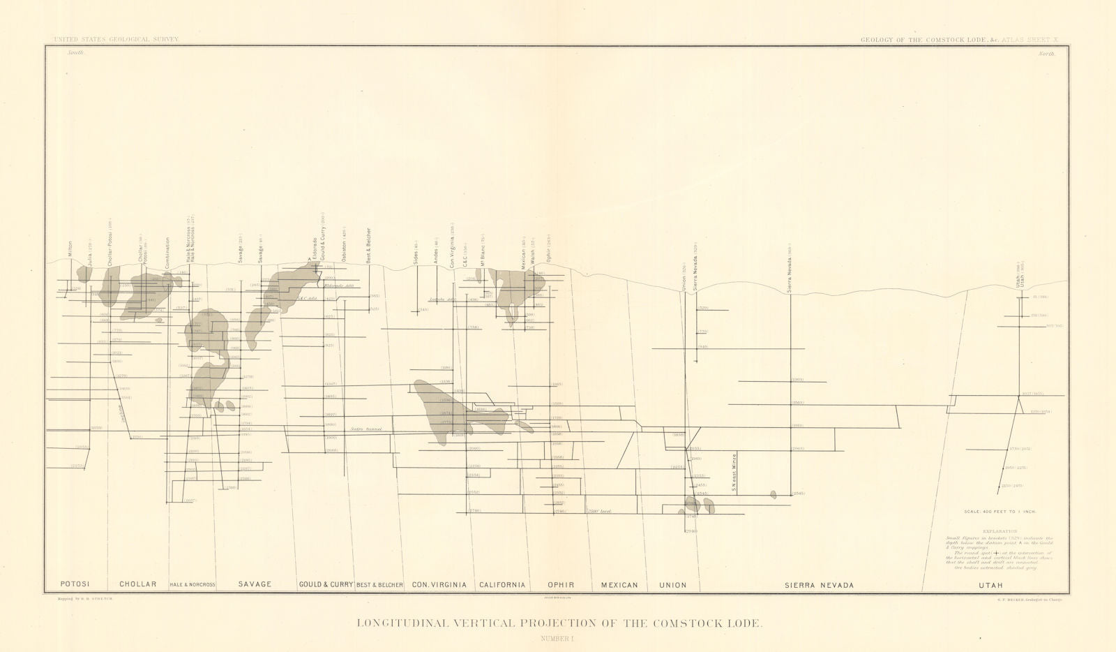 Comstock Silver Lode Vertical Section ore-bodies from Utah to Potosi 1882 map